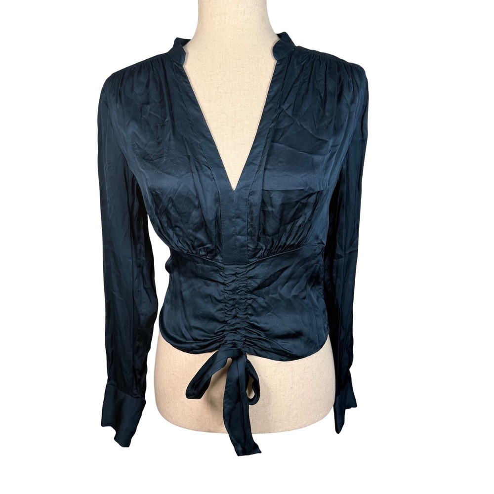 Anthropologie Ruched Tie Front Blouse Womens XS Green Viscose Dark Romantic